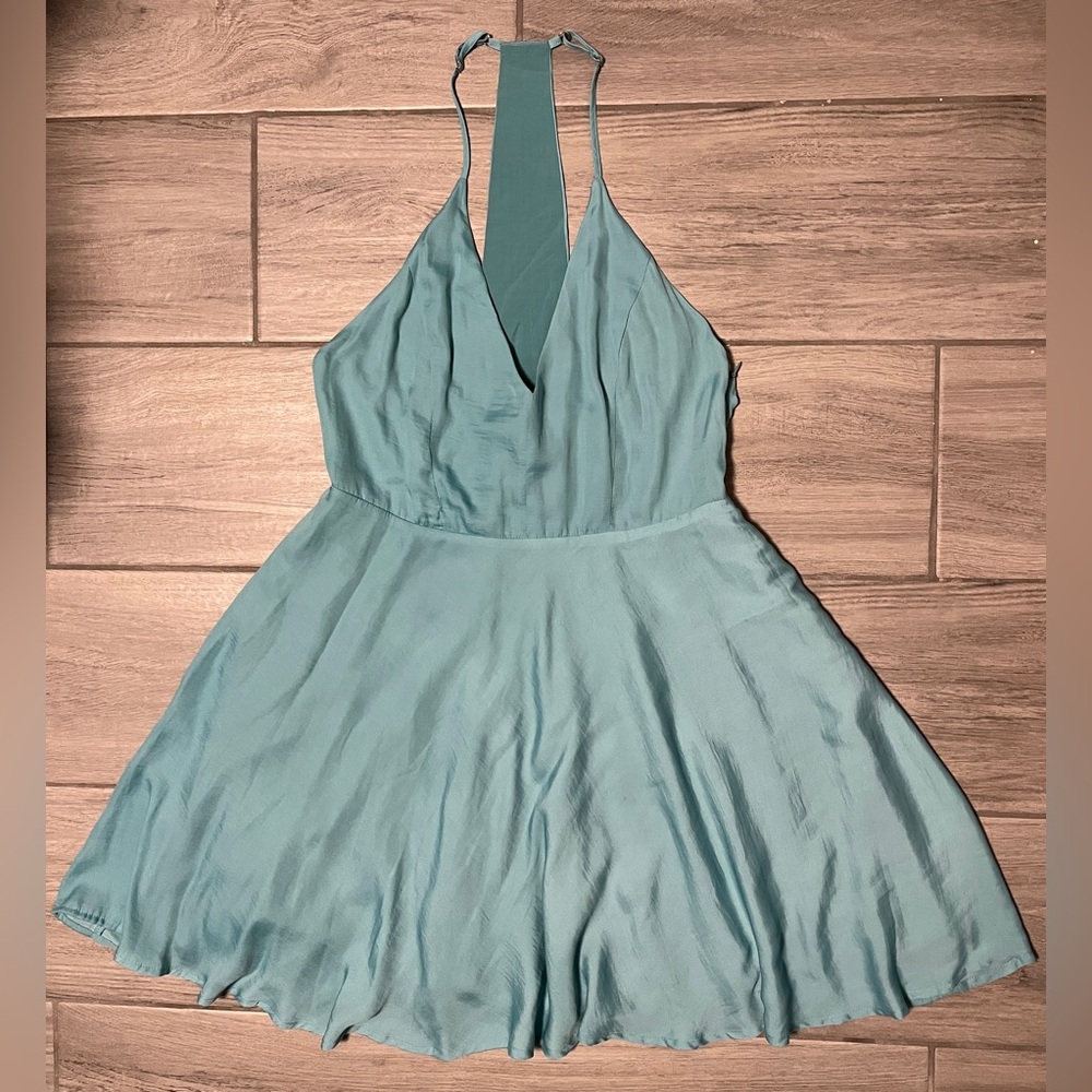 Aakaa Women’s Large Teal/Turquoise Halter V-Neck T- Back Mini A Line Dress